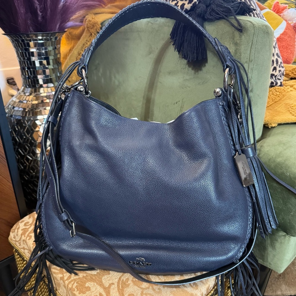 COACH Dark Blue Leather Fringe Hobo Shoulder Bag